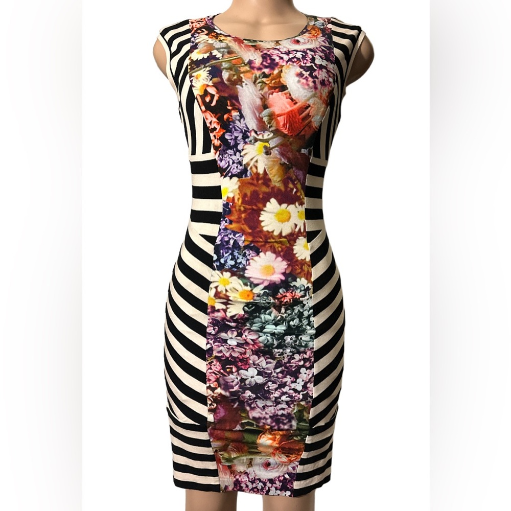 Nicole Miller Black and White Striped Floral Midi Dress